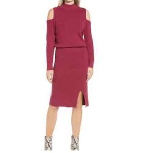 CHELSEA28 Burgundy Cold Shoulder Sweater Dress